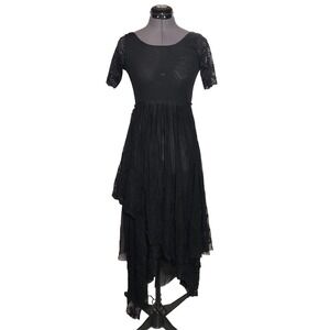 Vtg boho dress midi Witchy Layered Goth black sheer lace Free People XS 30-26-55